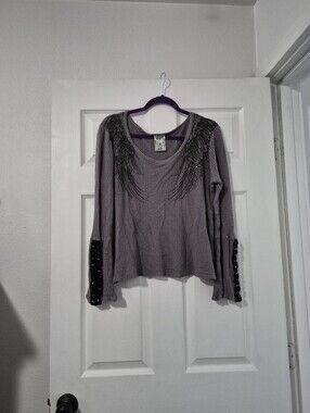 Vocal Gray Waffle Knit Long Sleeve Top with Embellished Shoulders